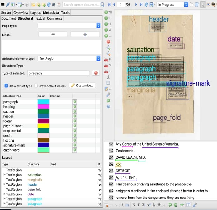 Voorbeeld van structurele metadata van een oorlogsbrief in Transkribus